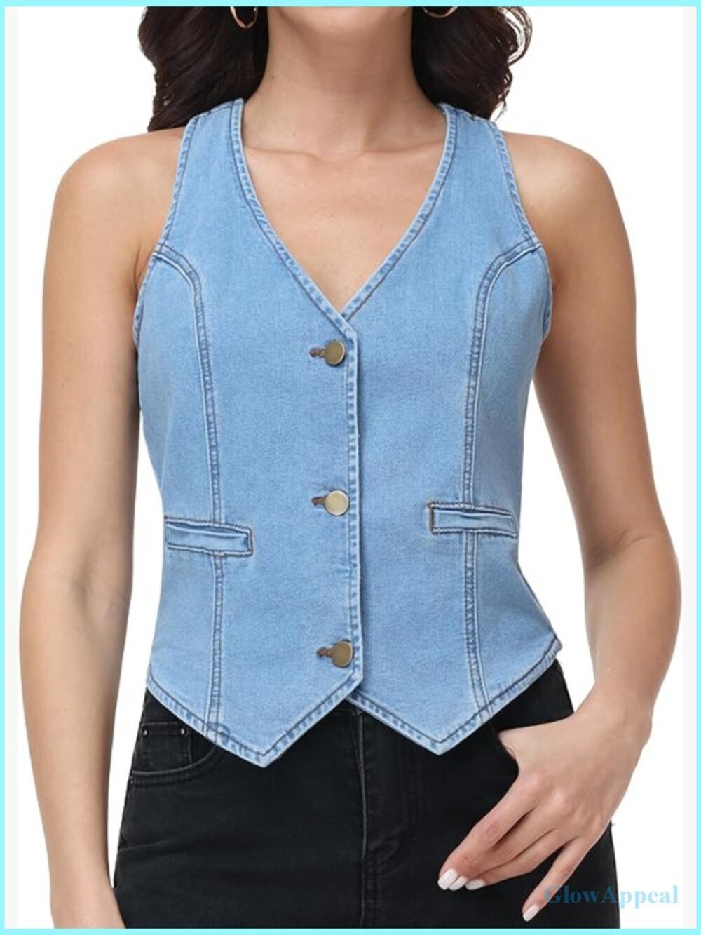Sleeveless V Neck Button Down Fitted Cropped Jean Vest